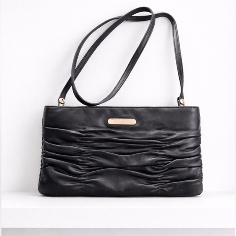 Michael Kors Webster Black Leather Convertible Clutch Shoulder Bag Gold Zip